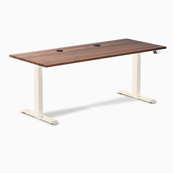 Desky Dual Hardwood Sit Stand Desk, Walnut desktop, Wheat frame