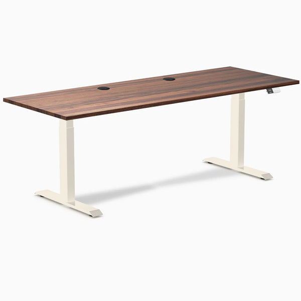 Desky Dual Hardwood Sit Stand Desk, Walnut desktop, Wheat frame