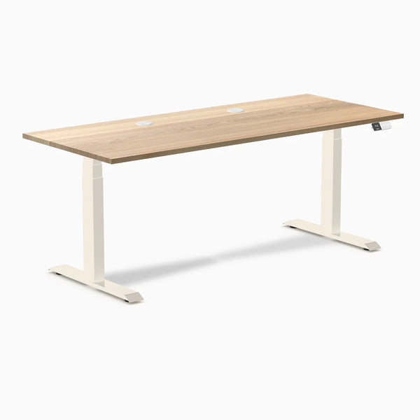 Desky Dual Hardwood Sit Stand Desk, White Ash desktop, Wheat frame