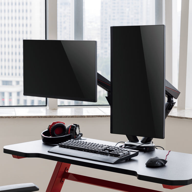 Dual LED gaming monitor arm vertical and horizontal orientation