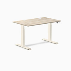 Desky Dual Laminate Sit Stand Desk, Classic Oak desktop, Wheat frame