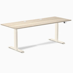 Desky Dual Laminate Sit Stand Desk, Classic Oak desktop, Wheat frame