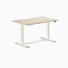 Desky Dual Scalloped Laminate Sit Stand Desk, Classic Oak desktop, Wheat frame