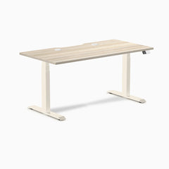 Desky Dual Scalloped Laminate Sit Stand Desk, Classic Oak desktop, Wheat frame