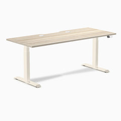 Desky Dual Scalloped Laminate Sit Stand Desk, Classic Oak desktop, Wheat frame
