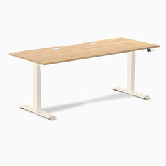 Desky Dual Scalloped Laminate Sit Stand Desk, Sublime Teak desktop, Wheat frame