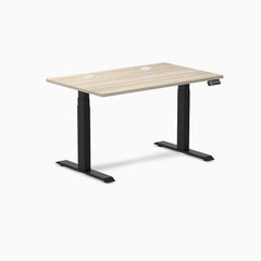 Desky Dual Laminate Sit Stand Desk, Classic Oak desktop, Matte Black frame