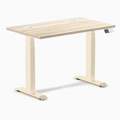 Desky Dual Mini Sit Stand Desk, Classic Oak desktop, Wheat frame