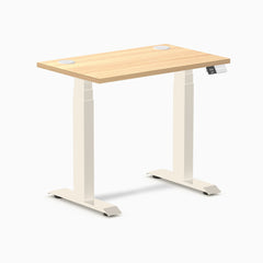Desky Dual Mini Sit Stand Desk, Sublime Teak desktop, Wheat frame
