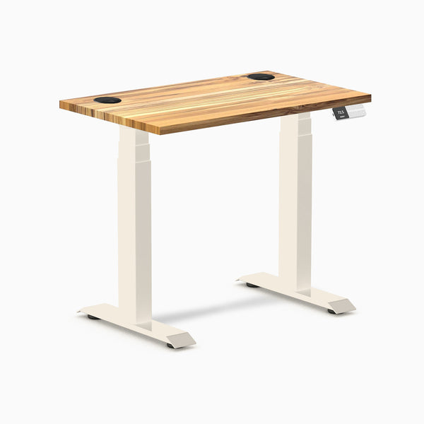Desky Dual Mini Hardwood Sit Stand Desk, Teak desktop, Wheat frame