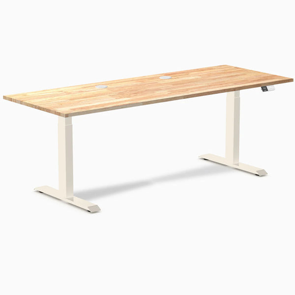 Desky Dual Rubberwood Sit Stand Desk, Natural Timber desktop, Wheat frame