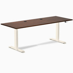 Desky Dual Rubberwood Sit Stand Desk, Red Walnut desktop, Wheat frame