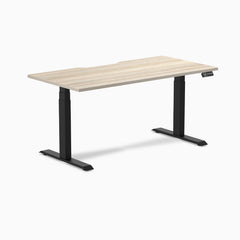Desky Dual Scalloped Laminate Sit Stand Desk, Classic Oak desktop, Matte Black frame