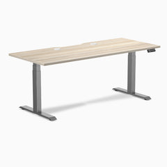 Desky Dual Scalloped Laminate Sit Stand Desk, Classic Oak desktop, Space Grey frame