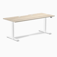 Desky Dual Scalloped Laminate Sit Stand Desk, Classic Oak desktop, White frame