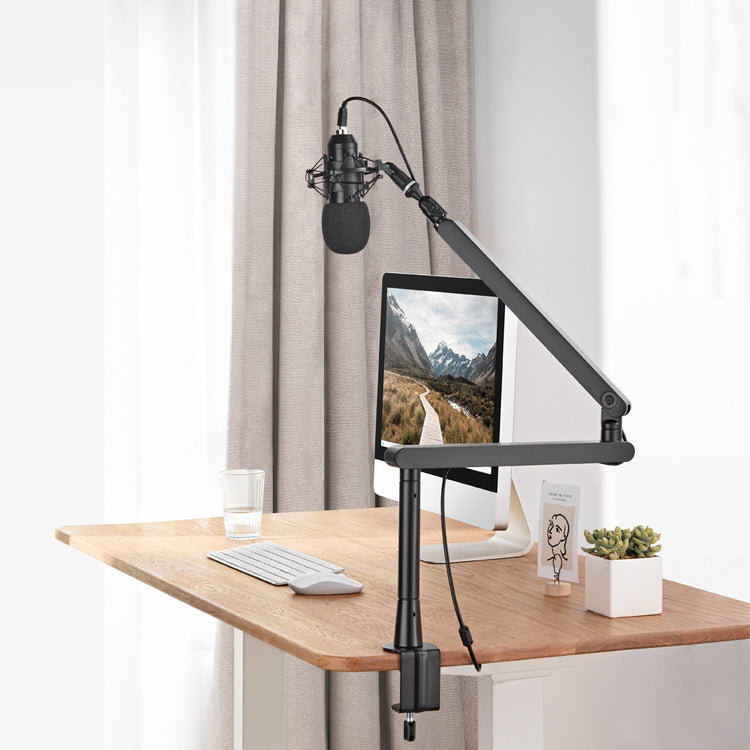 flexible studio microphone boom arm on desk setup