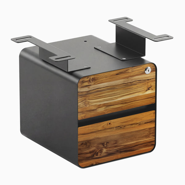 Desky Minimal Under Desk Cabinet, Teak Hardwood, Space Grey frame