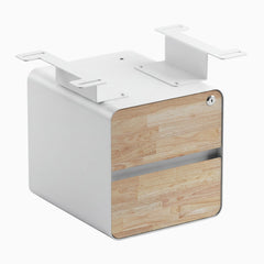 Desky minimal under desk cabinet white frame, natural rubberwood front