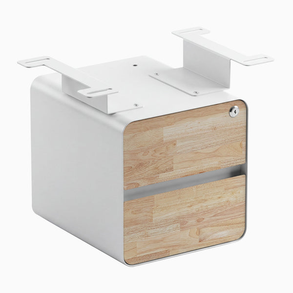 Desky minimal under desk cabinet white frame, natural rubberwood front