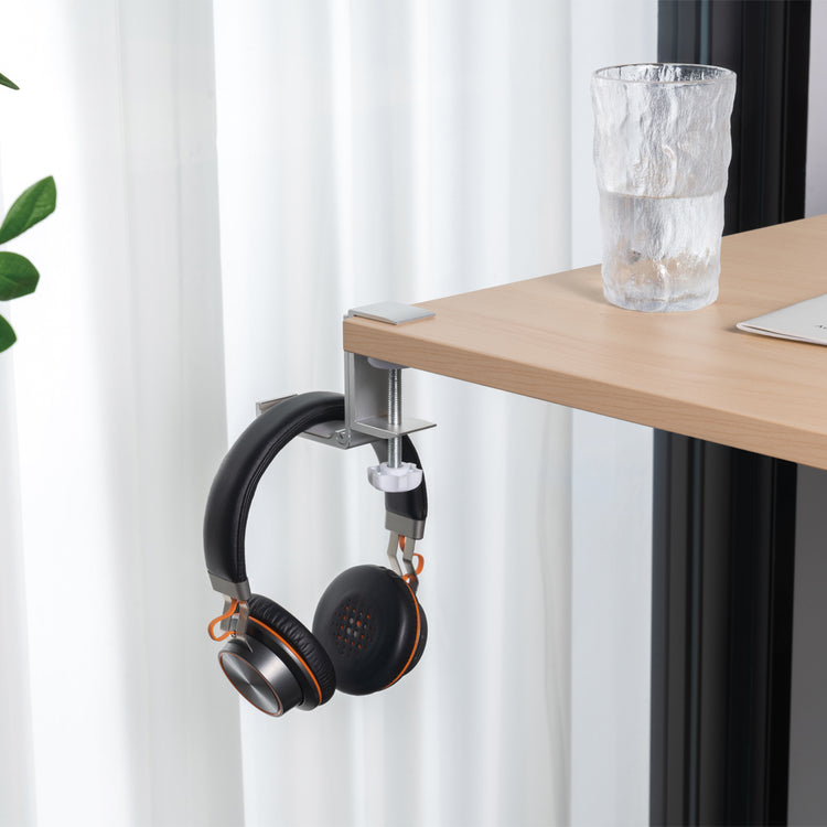 Desk headphone hanger attached to desk in silver - Desky canada