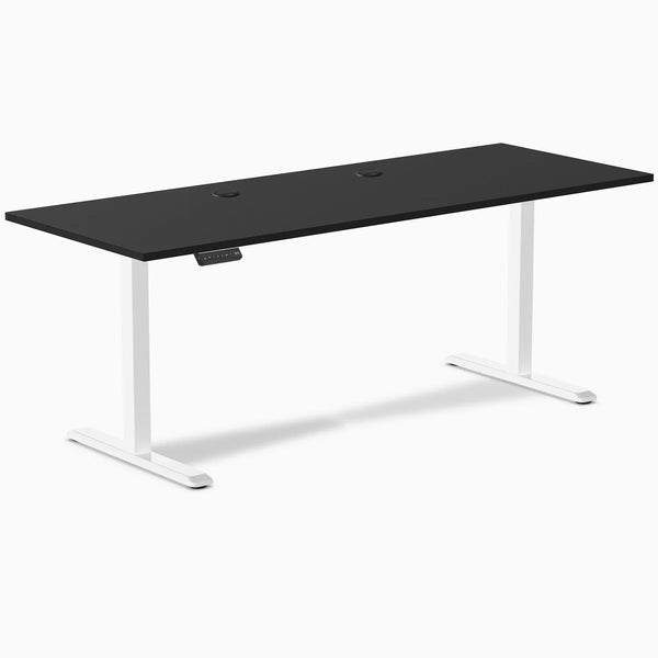 Desky Single Sit Stand Gaming Desk, Black desktop, White frame