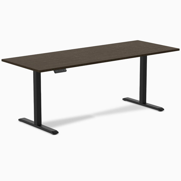 Desky Single Sit Stand Desk, Dark Bamboo desktop, Black frame