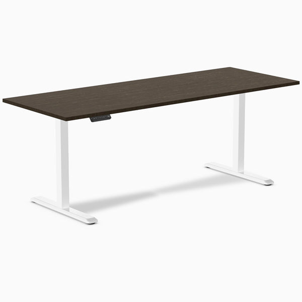 Desky Single Sit Stand Desk, Dark Bamboo desktop, White frame