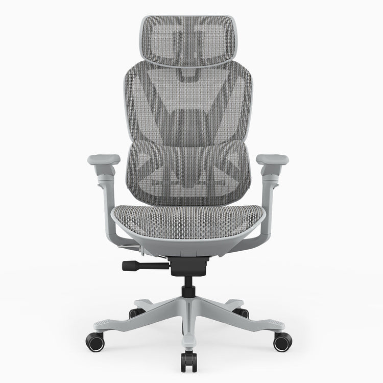 A gray mesh ergonomic office chair with adjustable armrests, a five-star base, and black casters, shown against a plain white background.