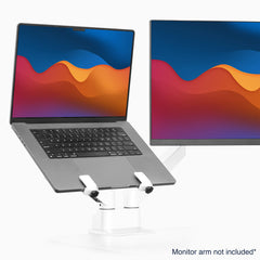 Desky universal laptop mount in white attached to arm