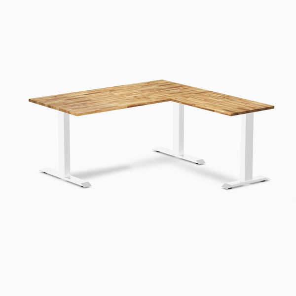 Desky Zero Hardwood L-Shape Office Desk, Acacia desktop, White frame