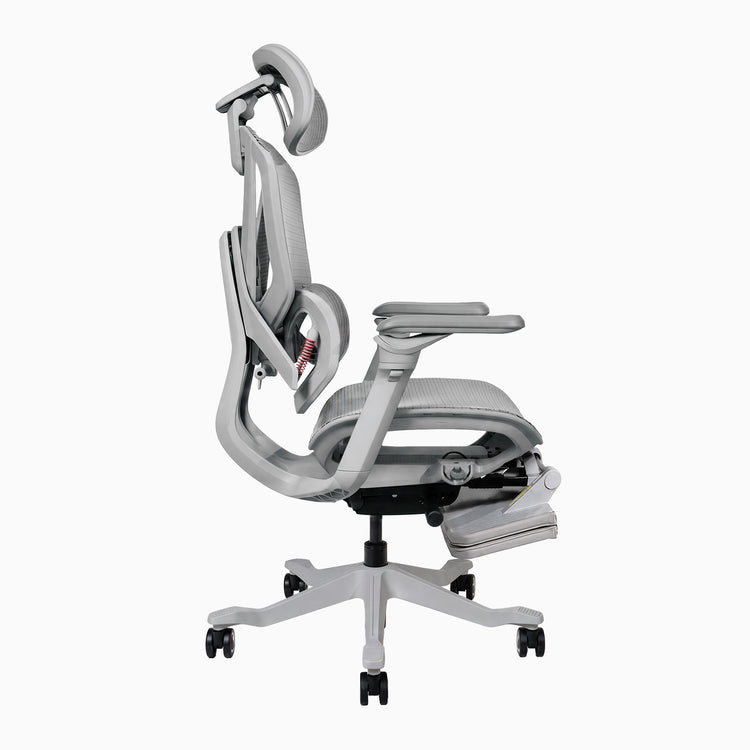 Contourra ergonomic office chair in light grey with tucked foot rest