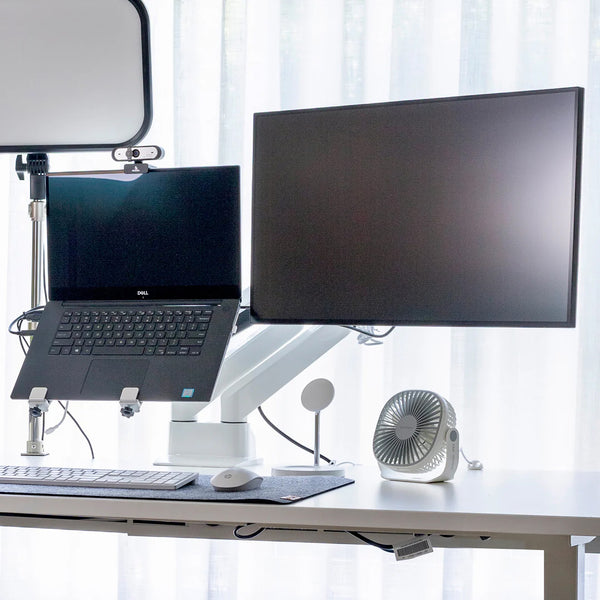 White Desky dual monitor arm pc setup