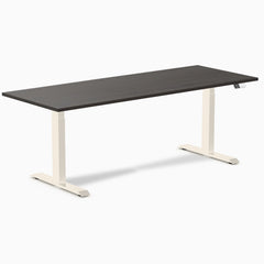 Desky Dual Laminate Sit Stand Desk, Burnished Wood desktop, Wheat frame