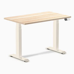Desky Dual Mini Sit Stand Desk, Classic Oak desktop, Wheat frame