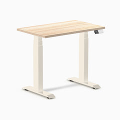 Desky Dual Mini Sit Stand Desk, Classic Oak desktop, Wheat frame