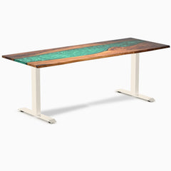 Desky Resin Hardwood Office Desk, Natural Walnut Emerald River desktop, Wheat frame