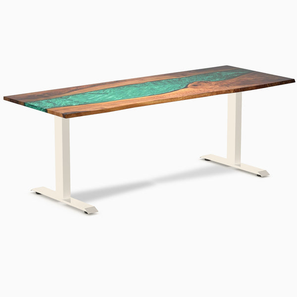 Desky Resin Hardwood Office Desk, Natural Walnut Emerald River desktop, Wheat frame