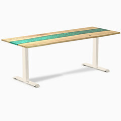 Desky Resin Hardwood Office Desk, White Ash Emerald River desktop, Wheat frame