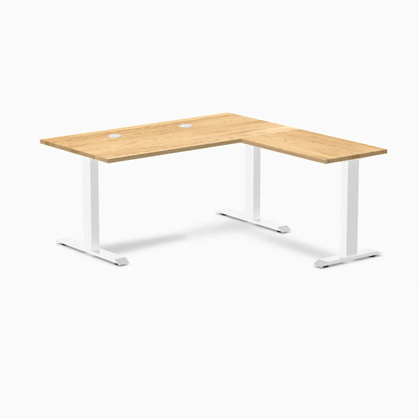 Desky Zero Hardwood L-Shape Office Desk, White Oak desktop, White frame
