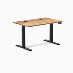 Desky Dual Hardwood Sit Stand Desk, Teak desktop, Matte Black frame