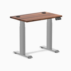 Desky Dual Mini Hardwood Sit Stand Desk, Walnut desktop, Grey frame