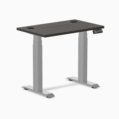 Desky Dual Mini Sit Stand Desk, Burnished Wood desktop, Grey frame