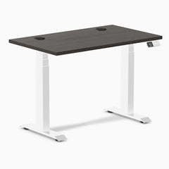 Desky Dual Mini Sit Stand Desk, Burnished Wood desktop, White frame