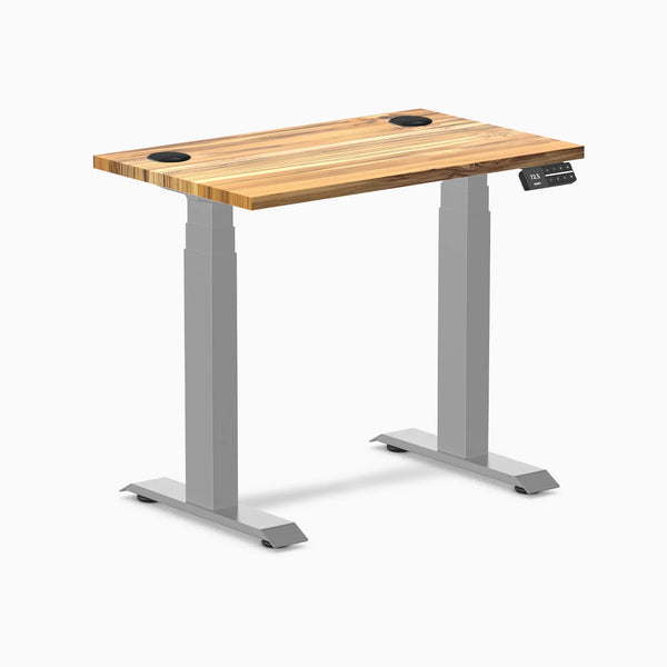 Desky Dual Mini Hardwood Sit Stand Desk, Teak desktop, Grey frame