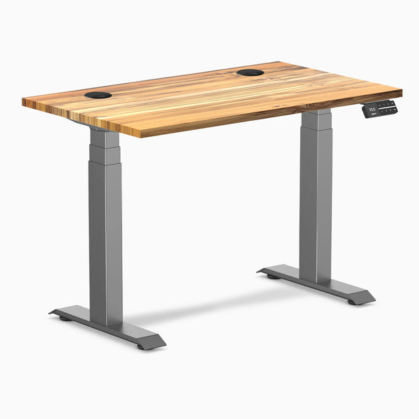 Desky Dual Mini Hardwood Sit Stand Desk, Teak desktop, Space Grey frame