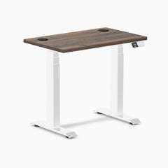 Desky Dual Mini Sit Stand Desk, Jarrah Legno desktop, White frame