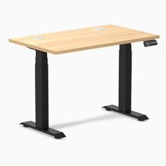 Desky Dual Mini Sit Stand Desk, Sublime Teak desktop, Matte Black frame