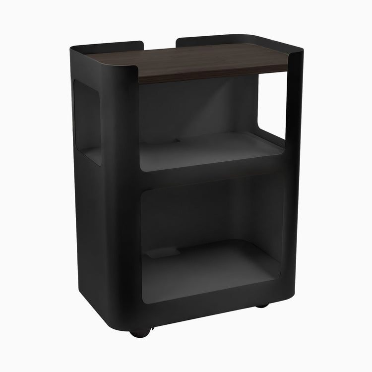 Black open mobile pedestal with burnished wood shelf - Desky