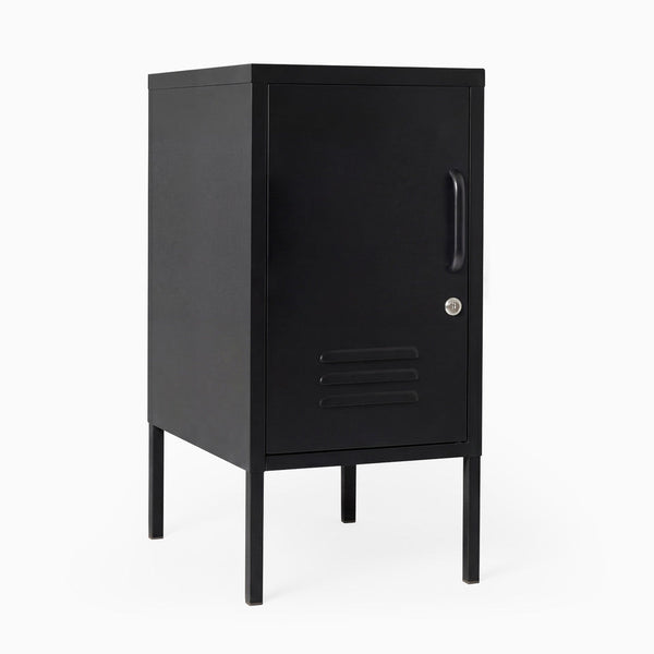 Black metal locker with a handle on a white background
