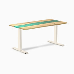 Desky Resin Hardwood Office Desk, White Ash Emerald River desktop, Wheat frame